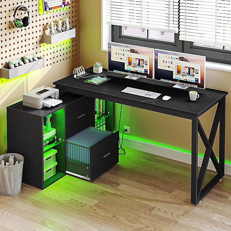 55 Inch L-shaped Gaming Desk with Power Outlets and LED Lights Computer Corner Desk with File Cabinet Monitor Stand - Black-X Design