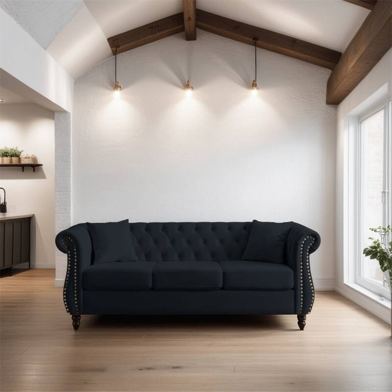 80" 3 Seater Velvet Sofa with Rolled Arms and Two Pillows