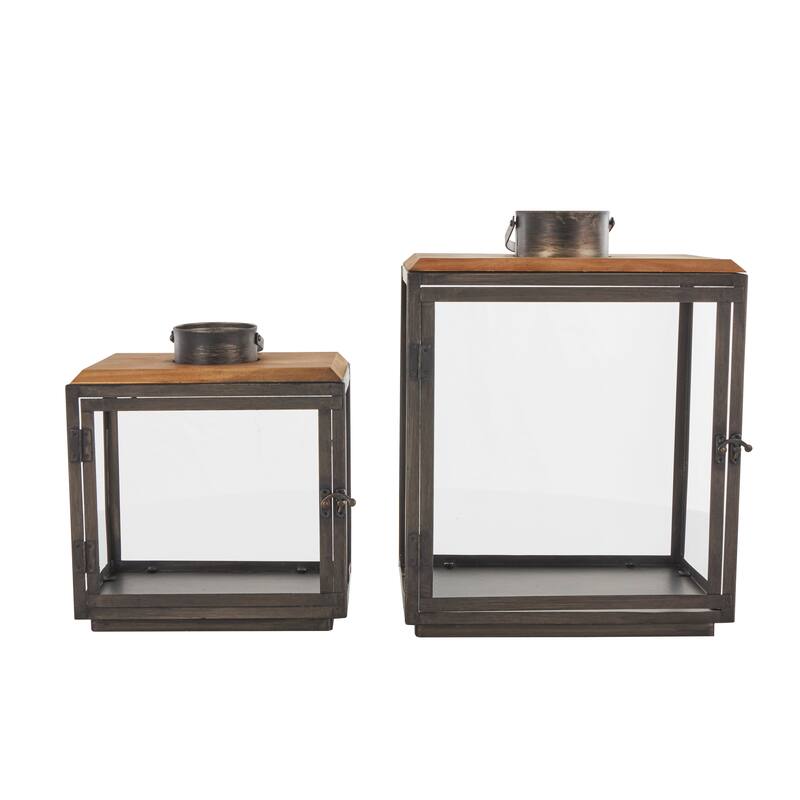 Dark Gray Metal Brushed Rectangular Indoor Outdoor Candle Lantern with Brown Wood Tops (Set of 2)