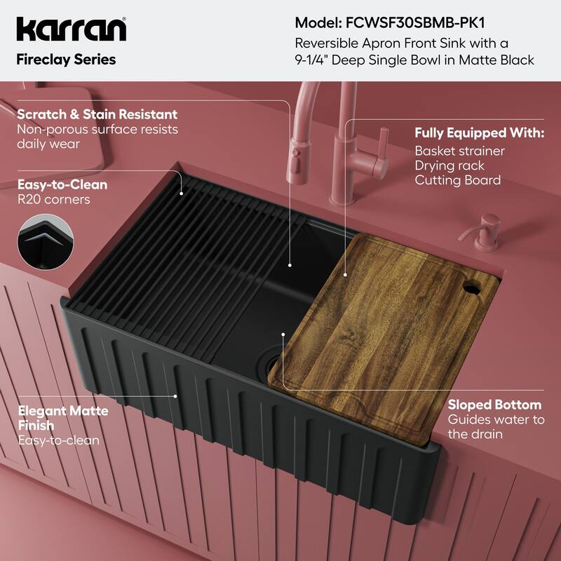 Karran 30" Single Bowl Workstation Fireclay Kitchen Sink with Reversible Fluted Apron Front