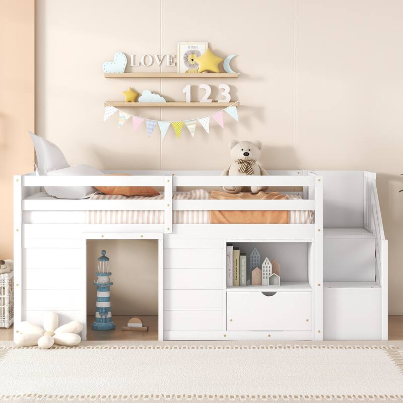 Twin Size Solid Wood Low Loft Bed with Stair, Drawer, and Shelf for Bedroom