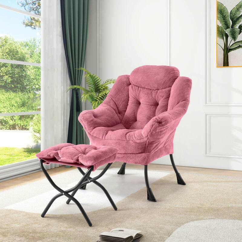 Lazy Chair with Ottoman, Modern Lounge Accent Chair,Leisure Sofa Armchair with Footrest,Reading Armchair - Pink