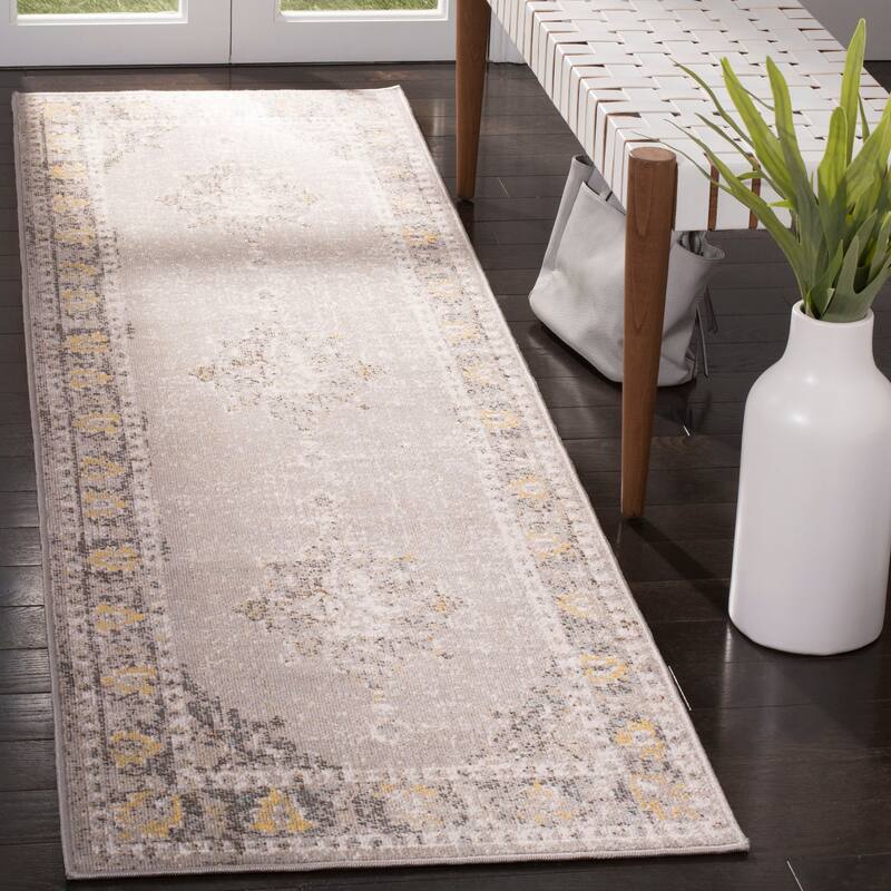 SAFAVIEH Montage Yackova Indoor/ Outdoor Waterproof Patio Backyard Rug - 2'3" x 8' Runner - Grey/Gold