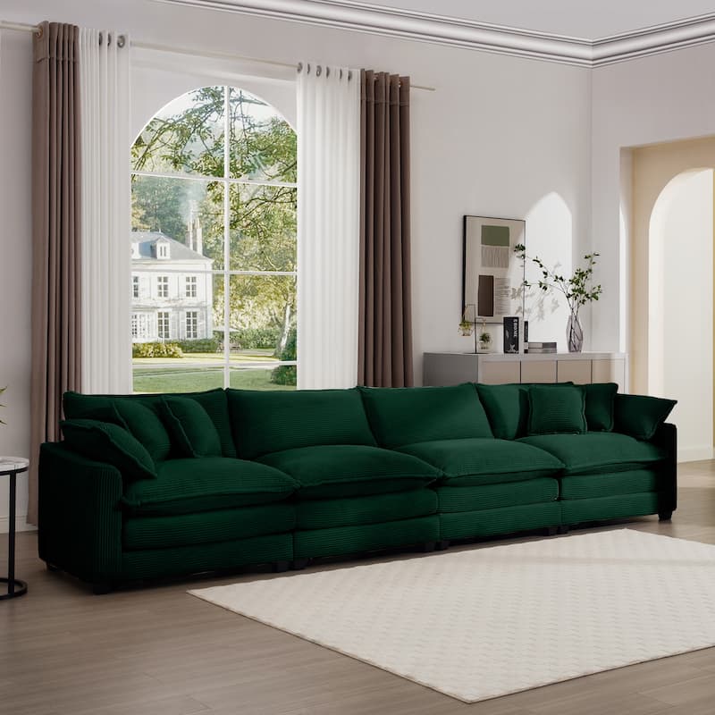 Green 150" Corduroy Cloud Upholstered 4-seater Modular Sectional Sofa with 6 Pillows, Double Cushion Seat, Free Combination