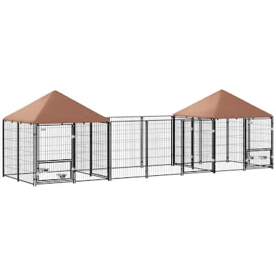 PawHut Dog Kennel Outside with 2 Rooms, Large Outdoor Dog Kennel with Rotating & Adjustable Height Bowls, Waterproof