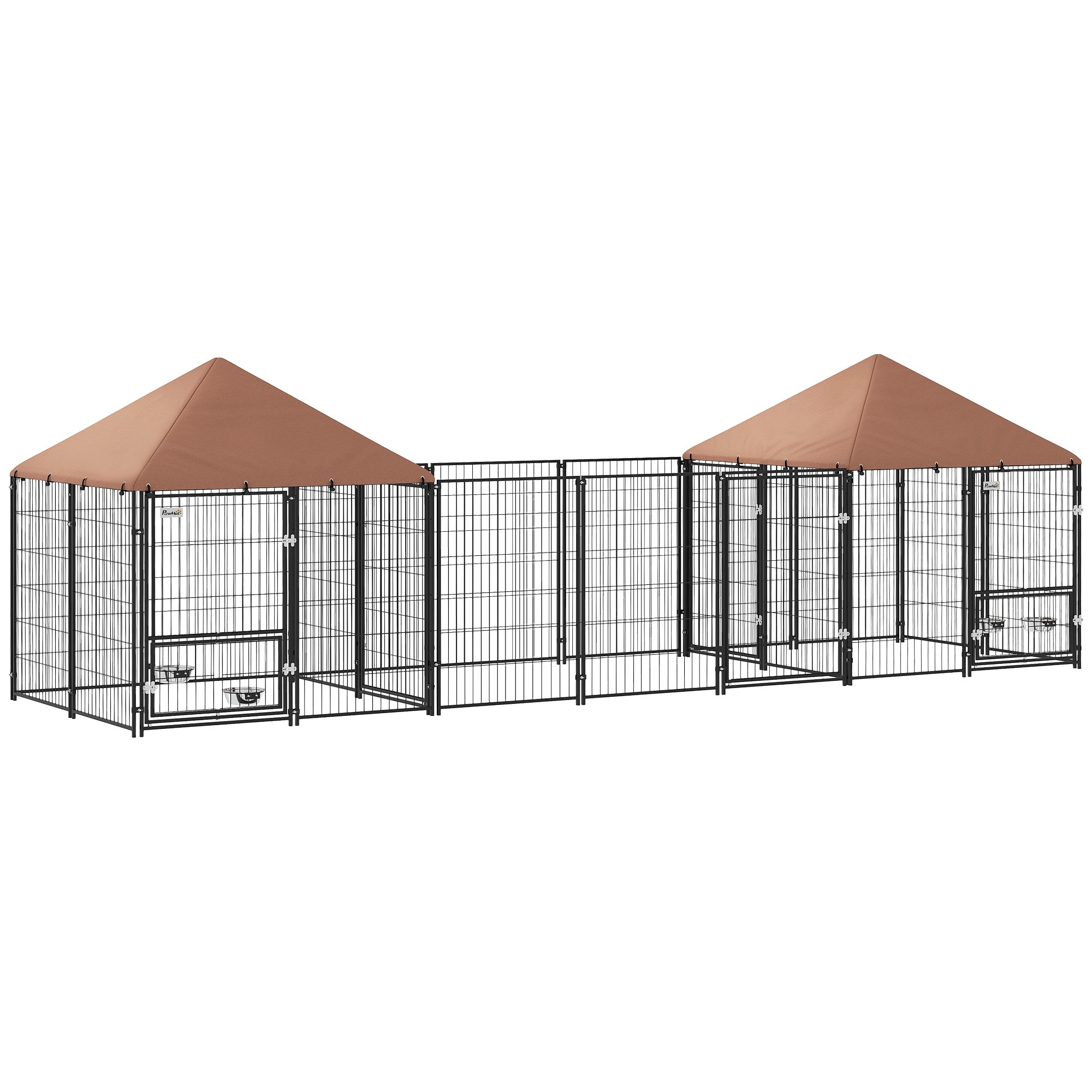 PawHut Dog Kennel Outside with 2 Rooms, Large Outdoor Dog Kennel with Rotating & Adjustable Height Bowls, Waterproof