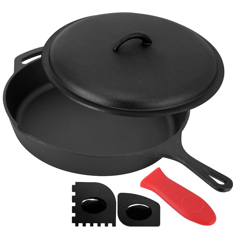 12 Inch Pre-Seasoned Cast Iron Skillet Includes Cast Iron Lid and Silicone Handle Cover