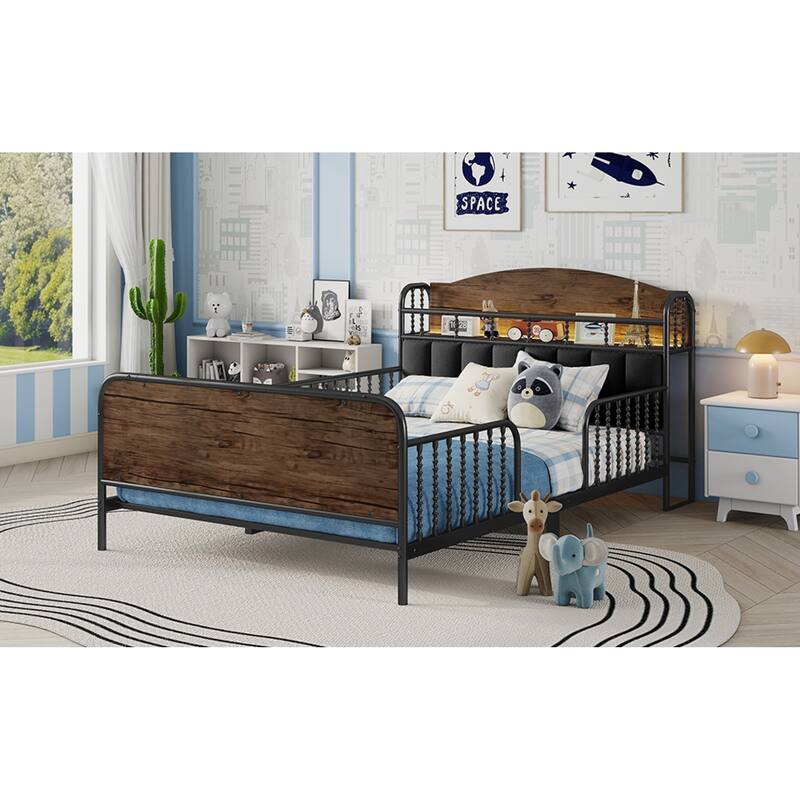 Roomfitters Twin/Full Metal Platform Bed, LED Storage Headboard and Guardrails with Metal Frame for Bedroom or Guest Room