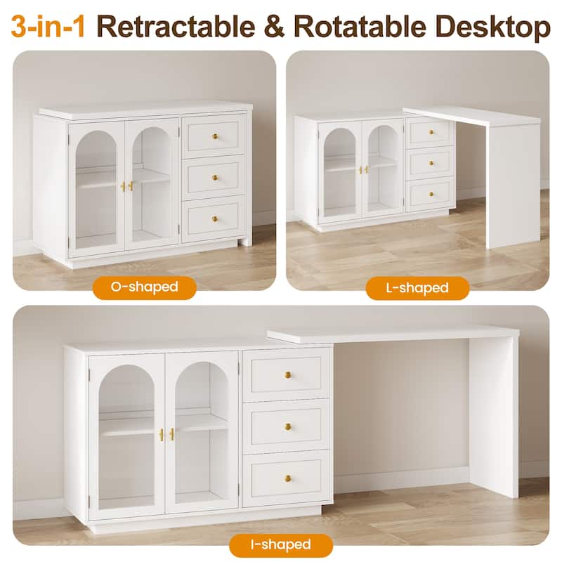 Extendable Makeup Vanity Desk with 3 Drawers & 2 Doors