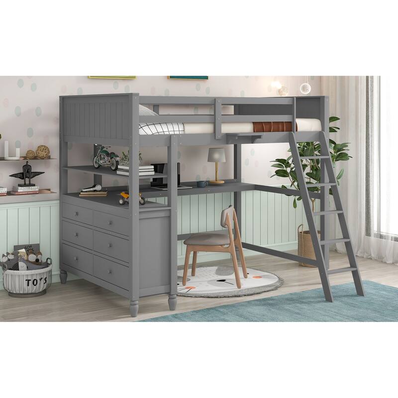 Full Size Loft Bed with Desk, Drawers, and Storage Shelves for Maximized Space