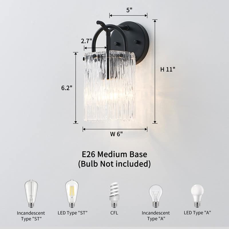 KAWOTI 1-Light Modern Glam Wall Sconce with Textured Glass Shade