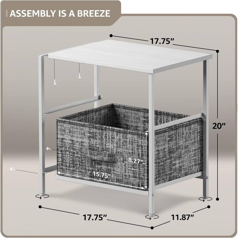 2 Drawer Nightstand Dresser Organizer Steel Frame Wood Top Fabric Bins