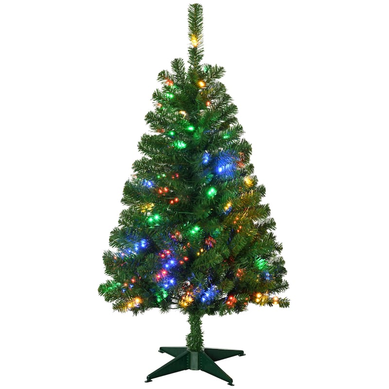 HOMCOM 4ft Tall Prelit Artificial Christmas Tree Holiday Décor with 208 Branches, 100 Warm White or Colorful LED Lights