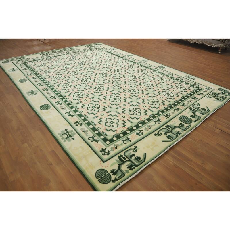 Hand-knotted Traditional Wool Beige Geometric Oriental Area Rug - 12' 1'' X 9' 0''