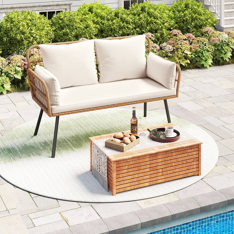Gymax Patio Wicker Loveseat Furniture w/Seat Back Cushions Heavy-Duty