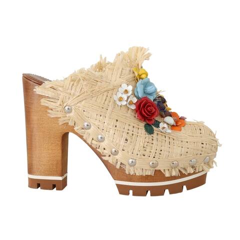 Dolce & Gabbana Beige Raffia Mules Floral Women's Slides