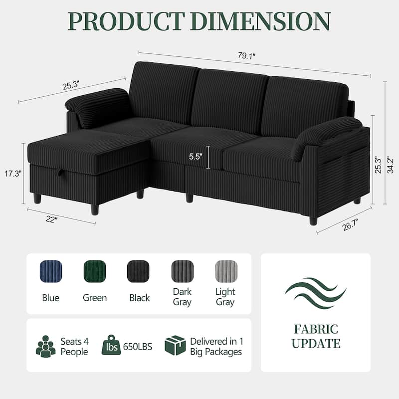 Futzca ​Sectional Sofa Couch, 3 Seat L Shaped Sofa with Removable Pillows