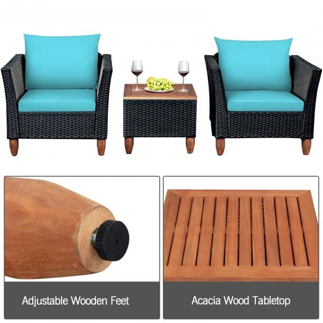 3 Pcs Outdoor Patio Rattan Furniture Set Wooden Table Top Cushioned Sofa - 29" x 27" x 28" (L x W x H)