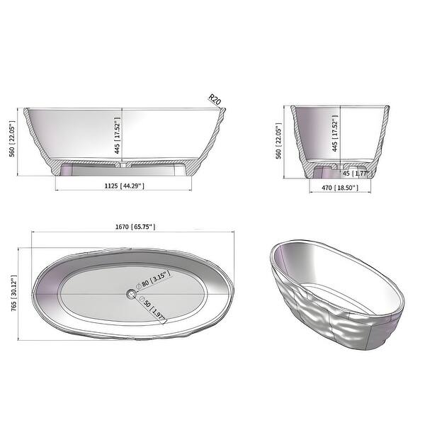 dimension image slide 0 of 2, Resin Freestanding Soaking Bathtub with Center Drain and Pop-Up Drain, CUPC & CE Certified