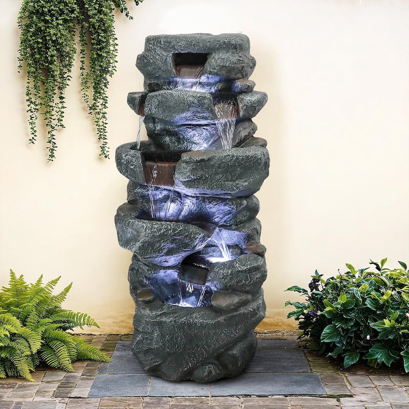 6-Tier Cascading Rock Water Fountain Outdoor Garden Waterfall w/Lights