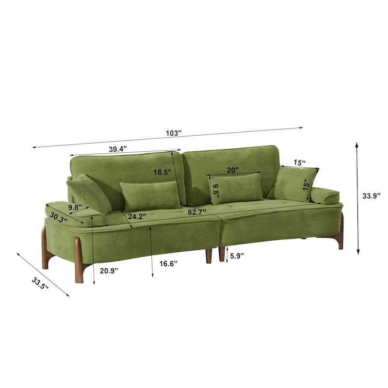 103-inch Green Foam Sofa with Pillows for Multiple Spaces