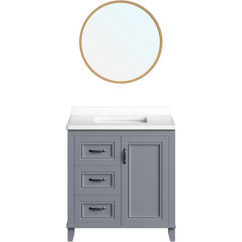 Hanover Ambridge 31-In. Bathroom Vanity Set includes Sink, Countertop, plus Cabinet w/1 Door, 3 Drawers & Accent Mirror, Gray