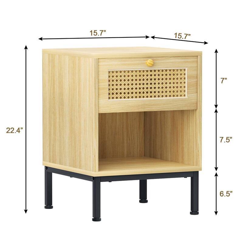 Rattan End Table/ Nightstand with Drawer, Farmhouse Boho Bed Side Table
