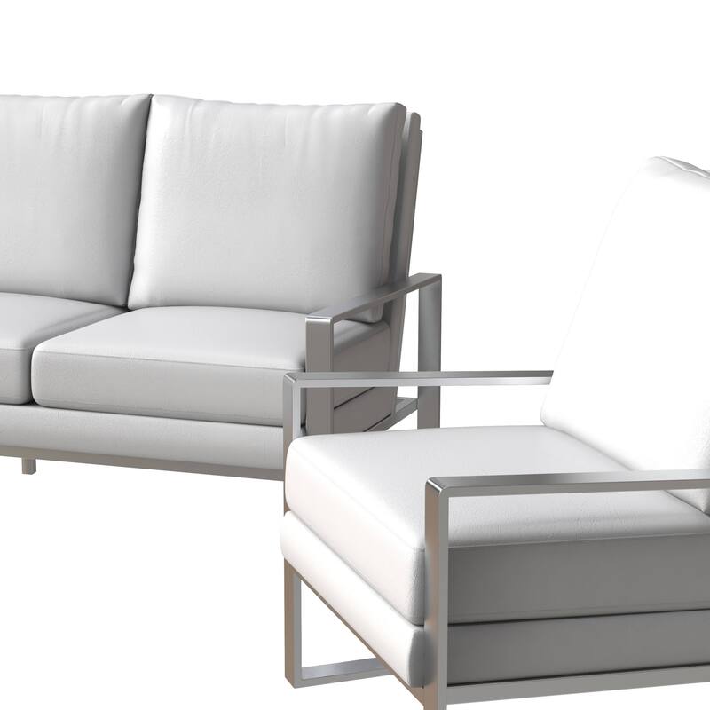 3-Piece Leather Sofa Set Brushed Stainless Steel Base and Removable Cushions