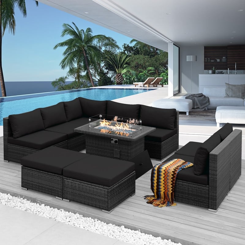 FINCATI 10-piece High Back Oversized Patio Furniture Conversation Set Outdoor Sectional Sofa with Fire Pit Table - Black