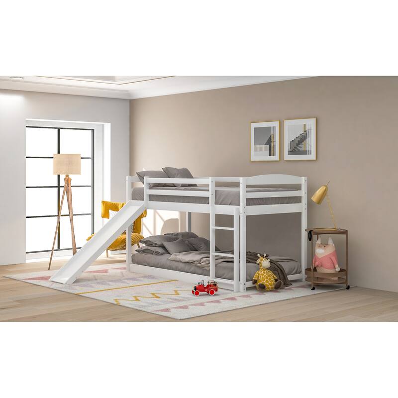 White Modern Urban Twin over Twin Wood Bunk Bed Low Loft Bed with