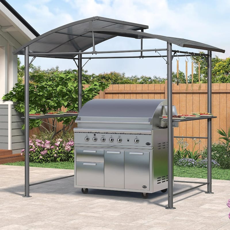 PURPLE LEAF Barbecue Grill Gazebo Aluminum Frame Grill Shelter with Shelves Hardtop with Hook Sunshade Grey