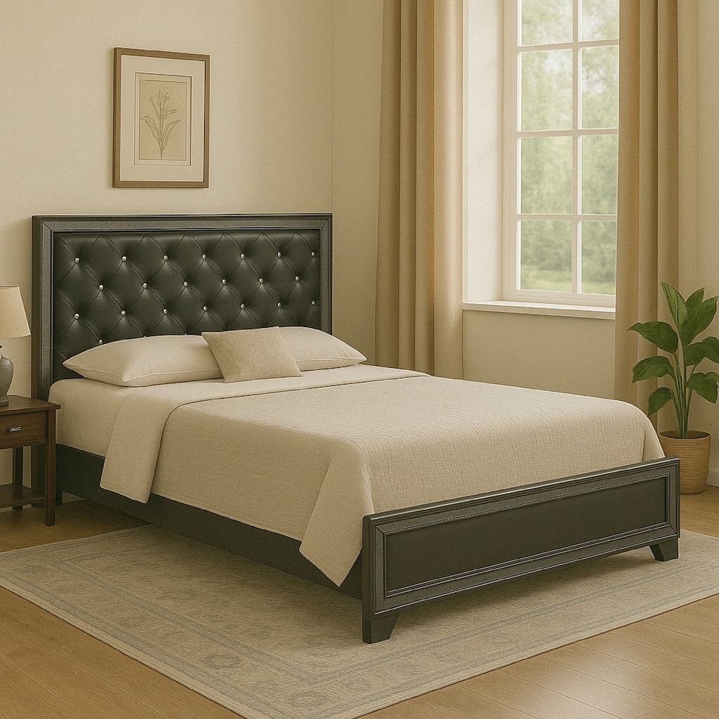 Kay Queen Bed, Faux Diamond Tufted, Gray Upholstery, Silver Trim, Wood