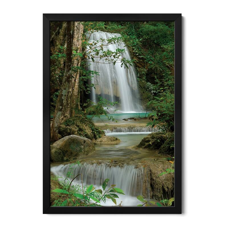 Seven Step Waterfall In Monsoon Forest, Erawan National Park, Thailand Premium Framed Poster by Thomas Marent - Black - 16x24x1