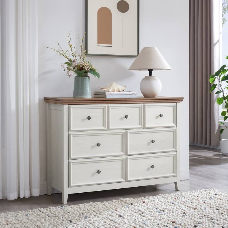 GDFStudio - Farmhouse Modern 7-Drawer Dresser Cabinet with Smooth Metal Slides and Wide Top - Beige