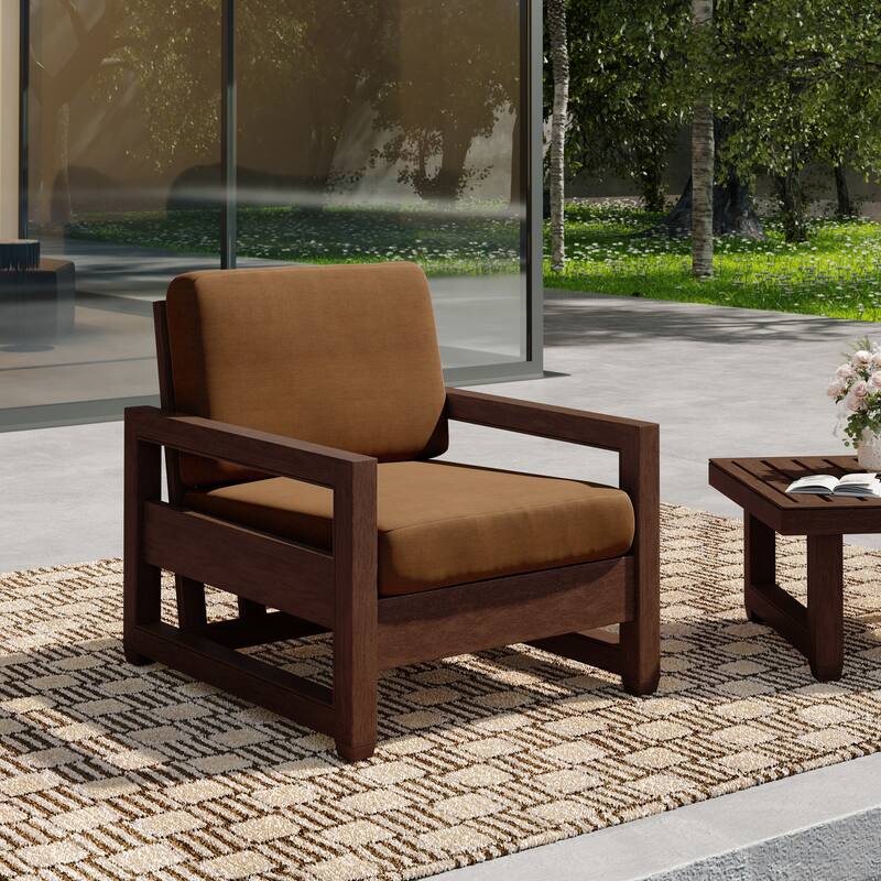 Patio Teak Wood Outdoor Arm Chair with Cushion - Dark Wood - Light Brown-Single Armchair