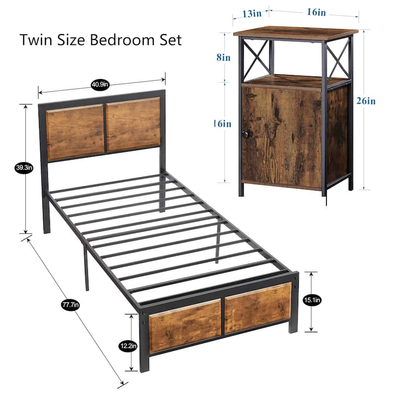 Javlergo Industrial 3-Piece Bedroom Set with Platform Bed Frame and Set of 2 Nightstands, Brown
