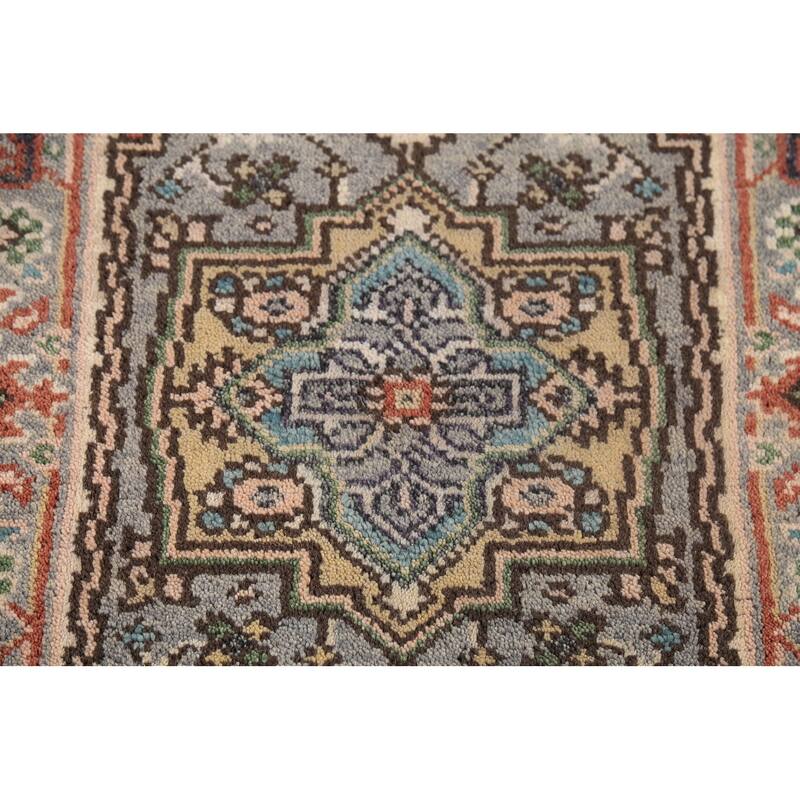 Geometric Heriz Serapi Indian Accent Rug Handmade Gray Wool Carpet - 2'0"x 3'0"