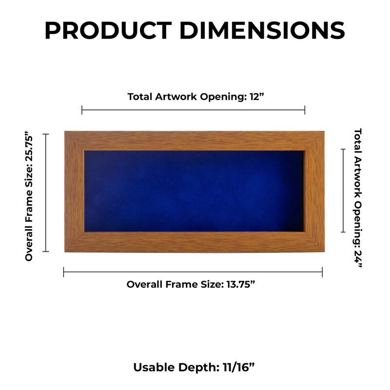 12x24 Shadow Box Frame Light Brown Wood | With a 3/4" Usable Display Depth | Includes a Royal Blue Real Suede Texture Acid-Free