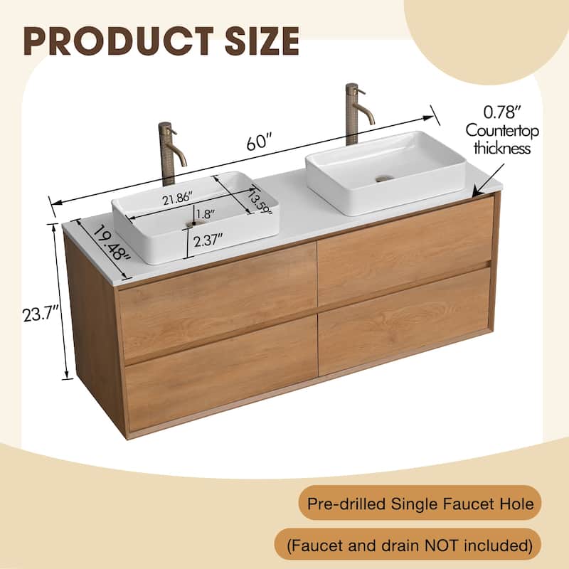 60" Floating Bathroom Vanity Quartz Counter Top with Double Ceramic Vessel Sink