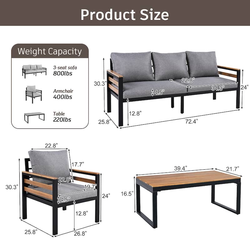Roomfitters 4-Piece Outdoor Patio Furniture Set with 3-Seater Sofa, 2 Armchairs and Coffee Table, Wood Accents