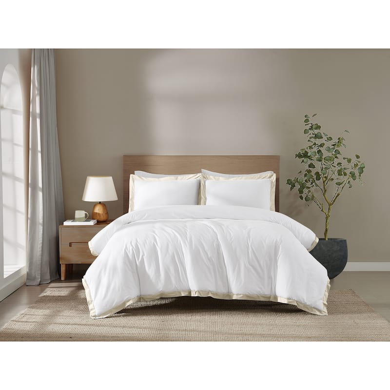 Brooklyn Loom Cotton Hotel Border 3 Piece Comforter Set - Full - Queen - White/Chalk
