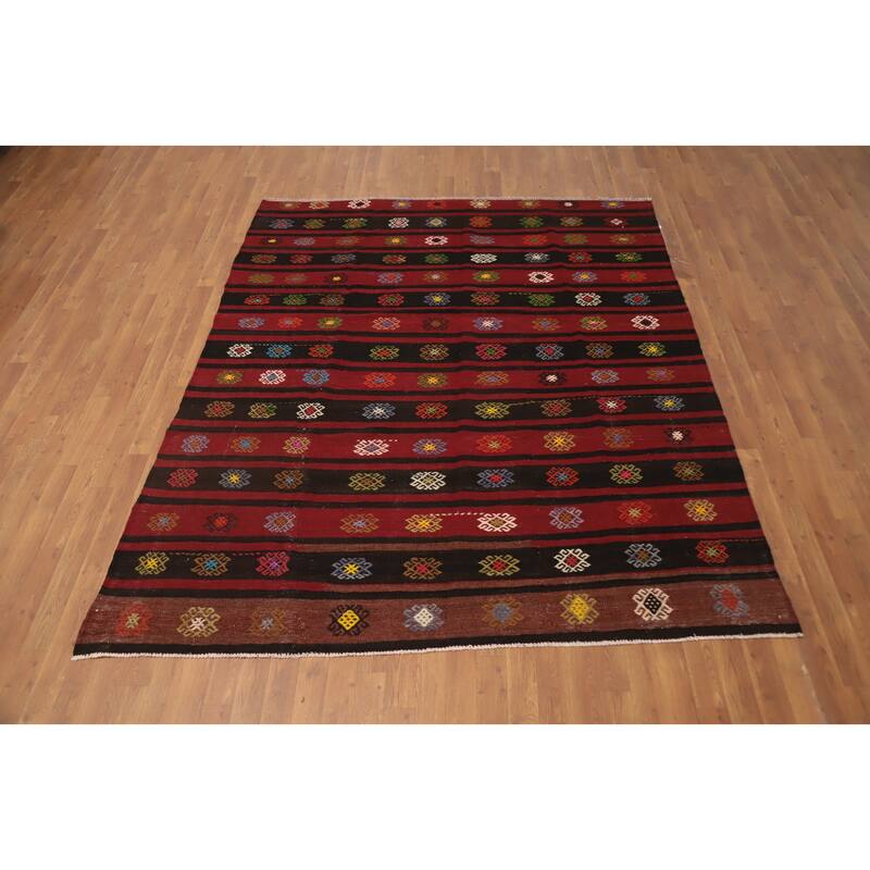Hand Woven Oriental 100% Wool Carpet Southwestern Tribal Red Kilim Area Rug - 7' 10'' X 6' 7''