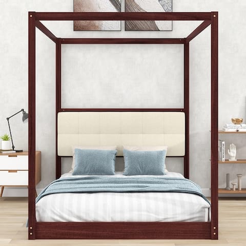 Nestfair Wooden Canopy Platform Bed with Upholstered Headboard