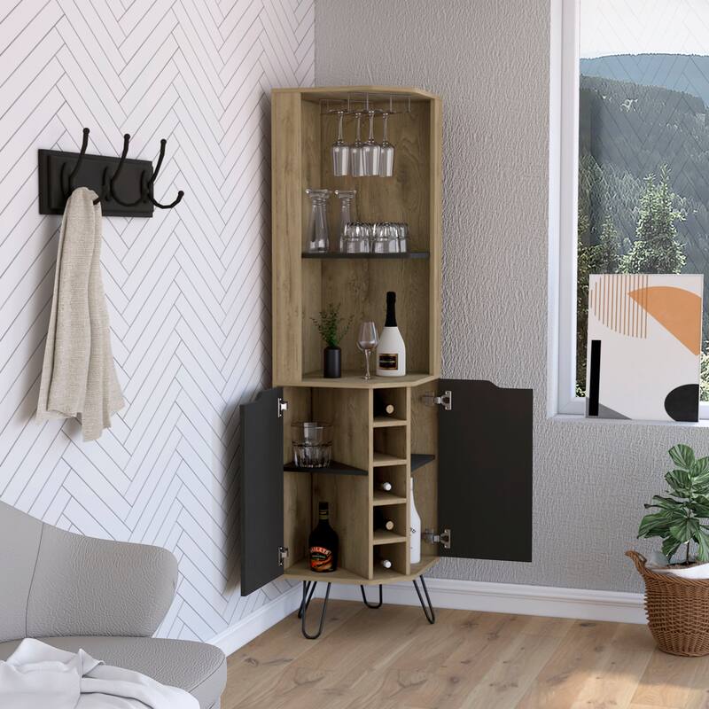 Corner Bar Cabinet for Kitchen, Dining Room,Living Room, Aged Oak / Black