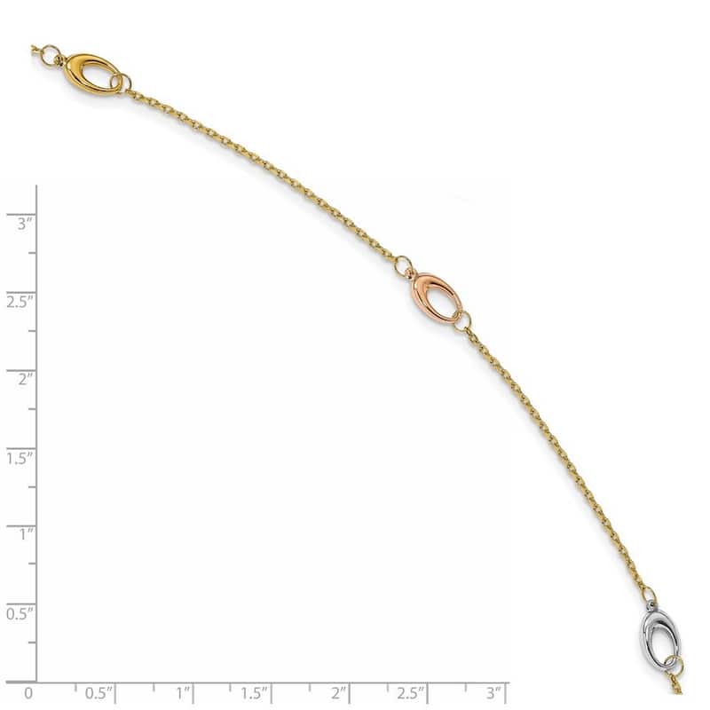 Curata Women's Italian 5mm 14k Tri-color Gold Polished Open Oval Station Anklet - 9.5 Inch