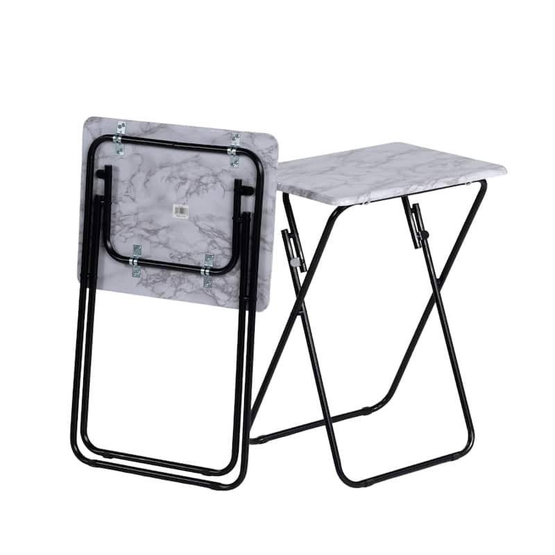 HomyLin Wood Folding TV Trays with Metal Frame, 2PC, Rustic Brown - White Marble