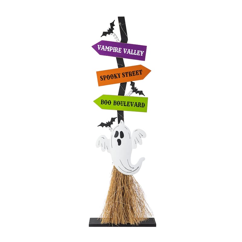 Outdoor 41.75"H Halloween Wooden Witch's Broom Ghost's Broom Standing Porch Decor - Ghost's Broom