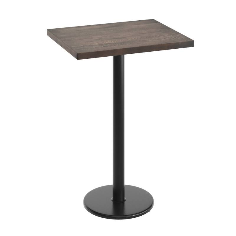 Rectangular Solid Wood Commercial Tabletop with 18" Round Bar Height Base - 24"W x 30"D x 42"H - Dark Brown Top/Black Base