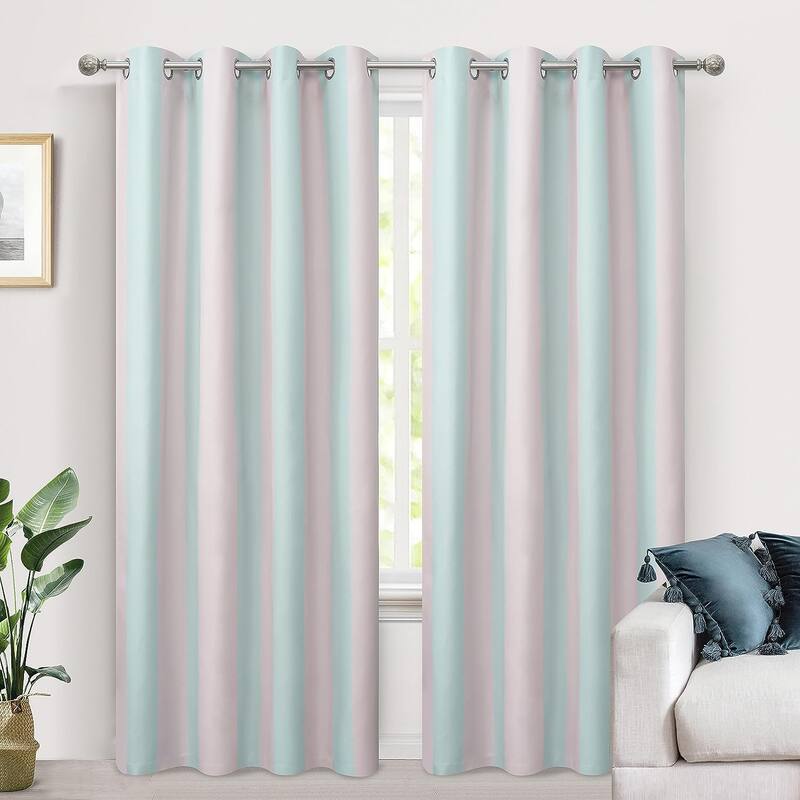 DriftAway Ryder Stripe Pattern 100 Percent Blackout Thermal Insulated Window Curtain - 52" width x 84 " length - Pink Green