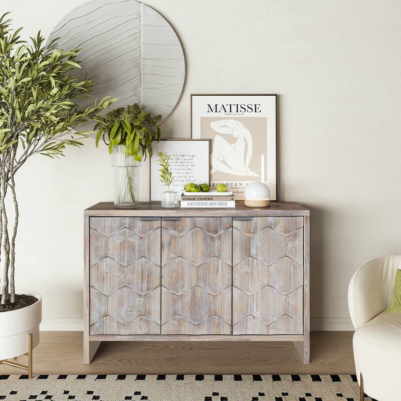 Farmhouse 46.25 in. 3 Door Wooden End Table,Natural Wood Wash Engrid